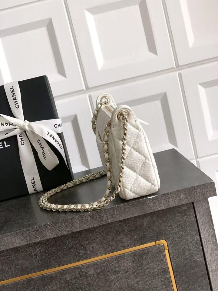 C-H-A-N-E-L 25A Double Chain Bag – Caviar Leather Women Shoulder Bag with GHW (White)