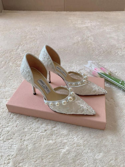 J-I-M-M-Y C-H-O-O AURELIE 85 PEARL-EMBELLISHED HEEL PUMPS – WOMEN SHOES (Silver White)