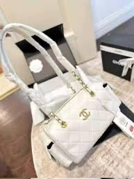 C-H-A-N-E-L Preppy Coco Bowling Bag – Premium Leather Women Bag (White)