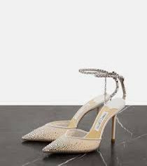 J-I-M-M-Y C-H-O-O Saeda 100 Crystal Mesh Pumps – Crystal Anklet Strap | 3.3" Heel | Luxury Women Footwear (White Silver)