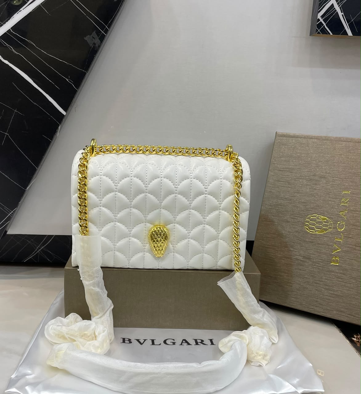 B-V-L-G-A-R-I Serpenti Sugarloaf Quilted Shoulder Bag – Master Quality | Box Packaging | White