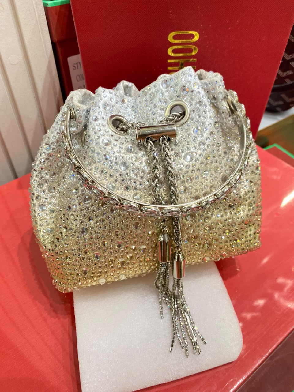 J-I-M-M-Y C-H-O-O Bon Bon Deep Merlot Satin & Crystal Hotfix Bucket Bag (Design A)