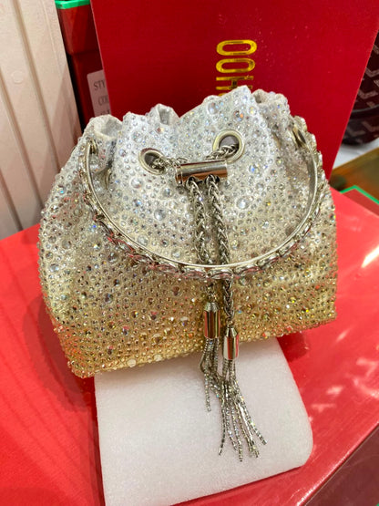 J-I-M-M-Y C-H-O-O Bon Bon Deep Merlot Satin & Crystal Hotfix Bucket Bag (Design A)
