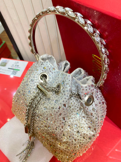 J-I-M-M-Y C-H-O-O Bon Bon Deep Merlot Satin & Crystal Hotfix Bucket Bag (Design A)
