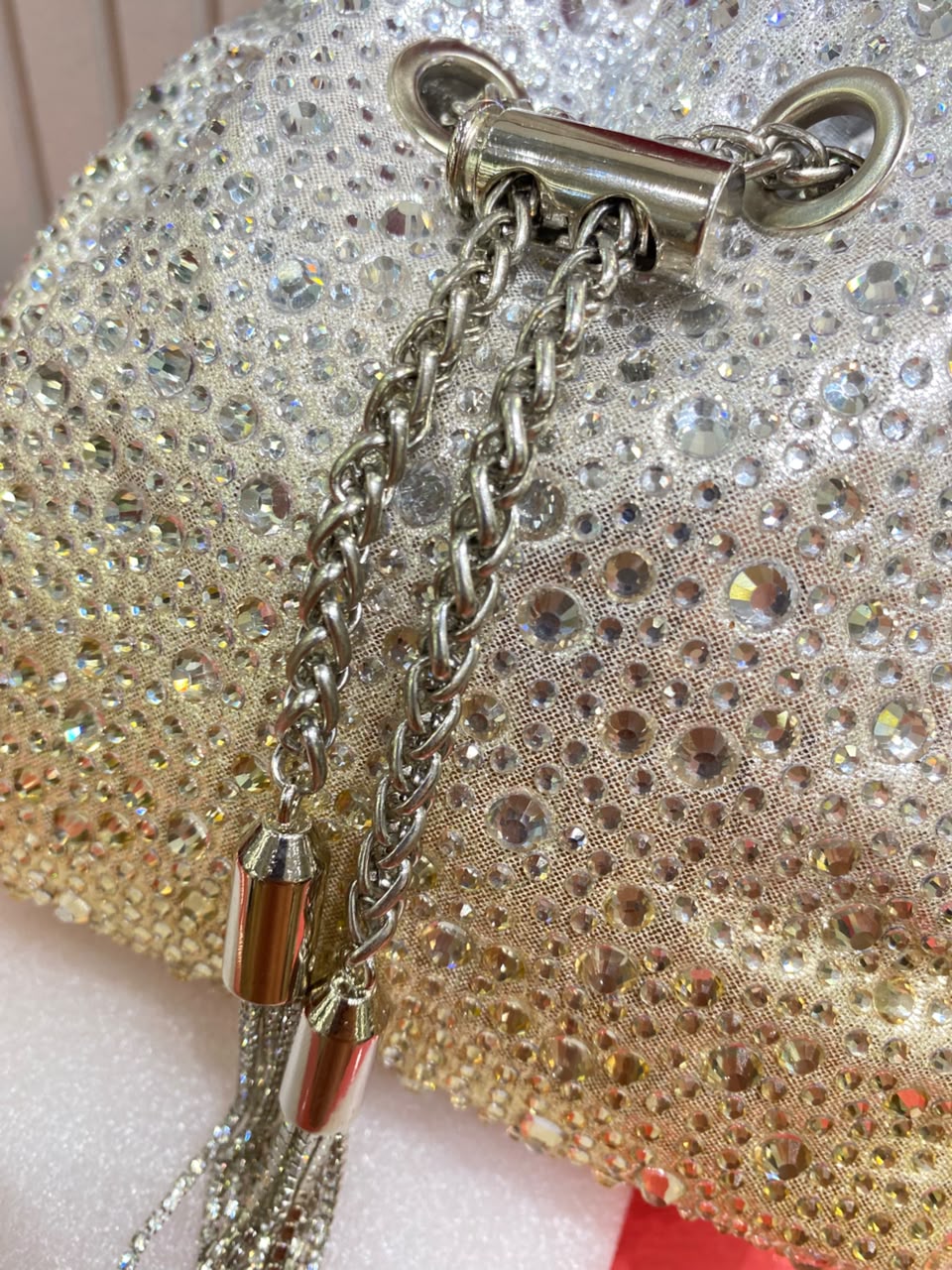 J-I-M-M-Y C-H-O-O Bon Bon Deep Merlot Satin & Crystal Hotfix Bucket Bag (Design A)