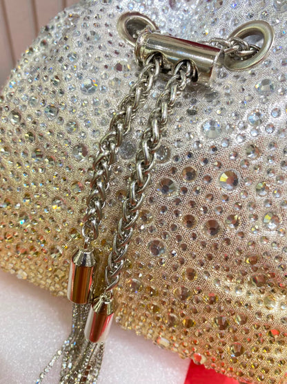 J-I-M-M-Y C-H-O-O Bon Bon Deep Merlot Satin & Crystal Hotfix Bucket Bag (Design A)