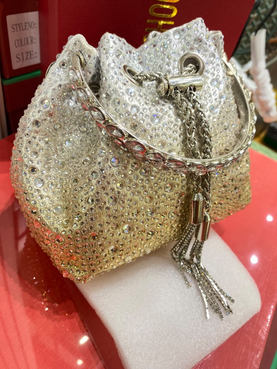 J-I-M-M-Y C-H-O-O Bon Bon Deep Merlot Satin & Crystal Hotfix Bucket Bag (Design A)