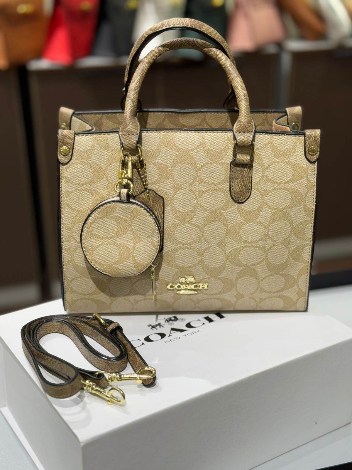 C-O-A-C-H Maggie Small Tote Women Bag – Blocked Signature Canvas (Beige Yellow)