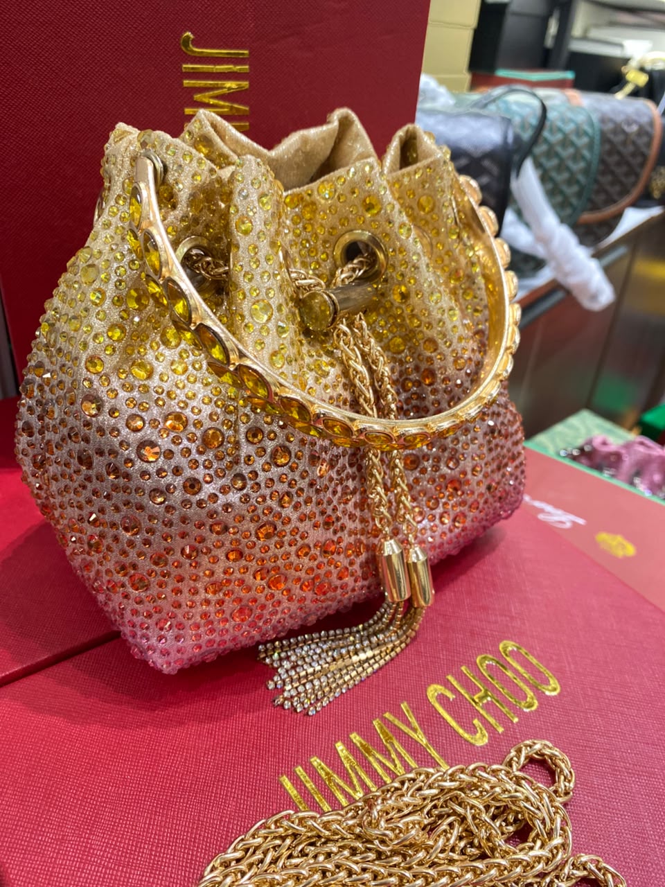 J-I-M-M-Y C-H-O-O Bon Bon Deep Merlot Satin & Crystal Hotfix Bucket Bag (Yellow Gold)