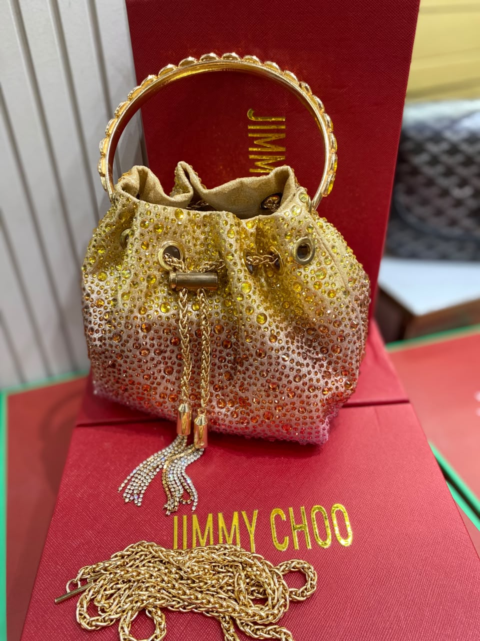 J-I-M-M-Y C-H-O-O Bon Bon Deep Merlot Satin & Crystal Hotfix Bucket Bag (Yellow Gold)