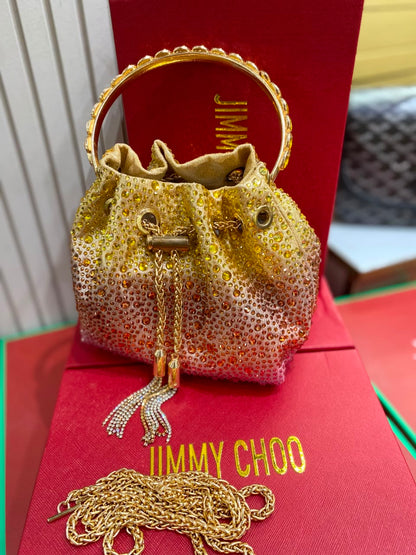J-I-M-M-Y C-H-O-O Bon Bon Deep Merlot Satin & Crystal Hotfix Bucket Bag (Yellow Gold)